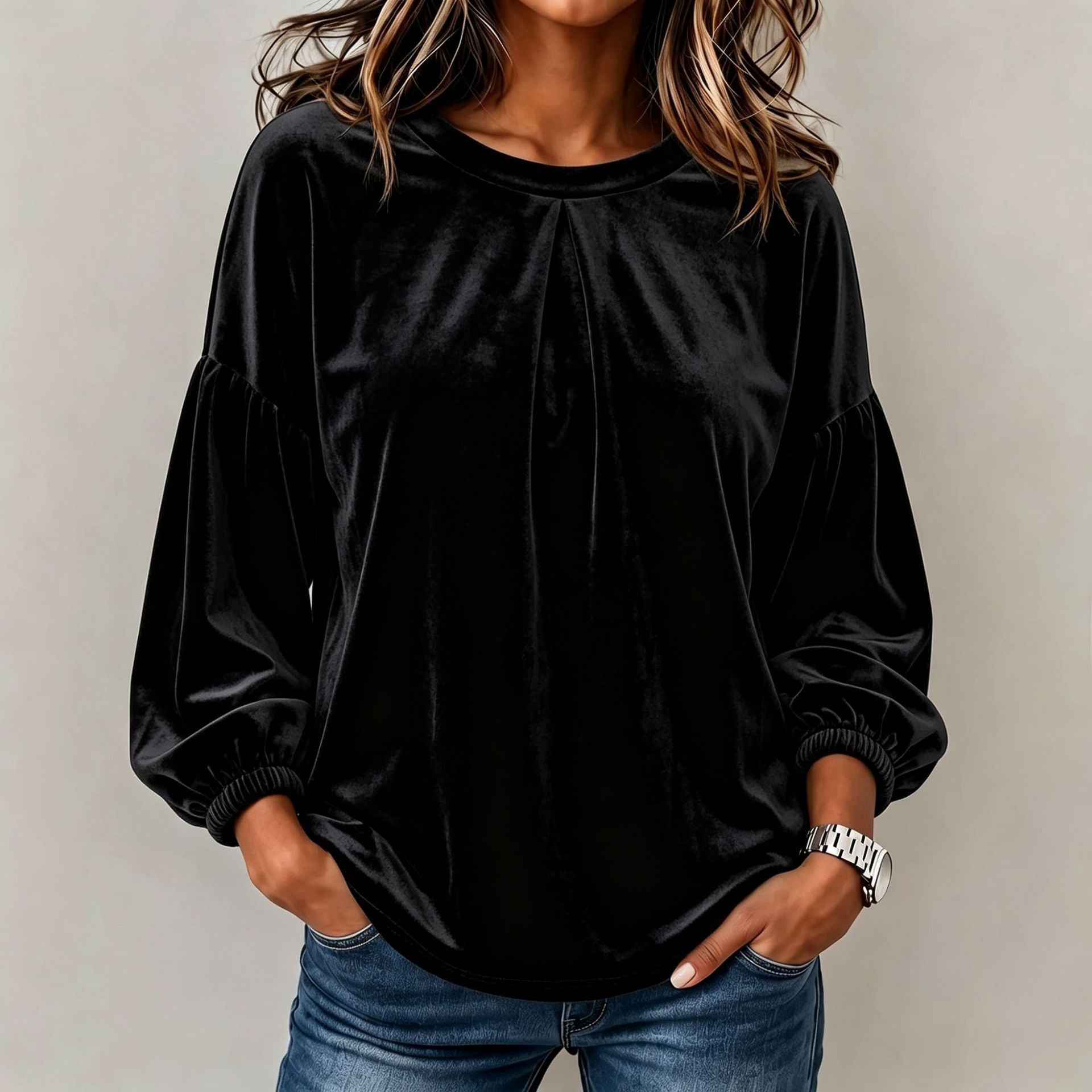 Women Velvet Relaxed Top with Pleat Trim at the Neckline, Balloon Sleeves and Elastic Cuffs