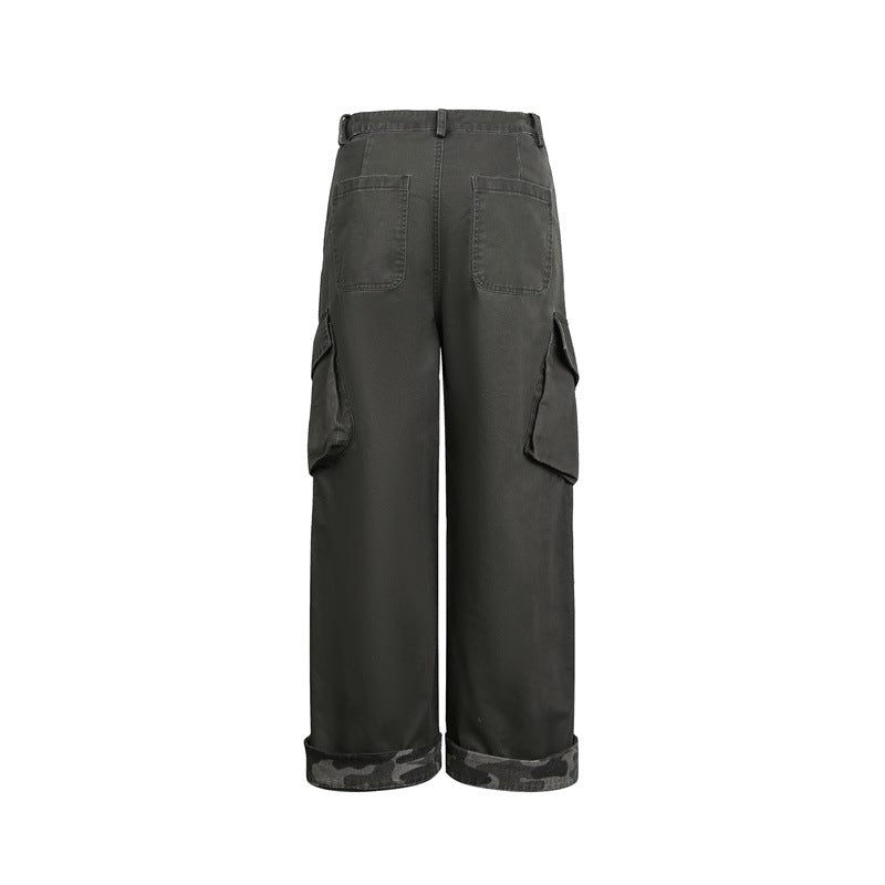 Women's cargo pants in wide leg cut with patch flap pockets and rolled hem Chichicherry