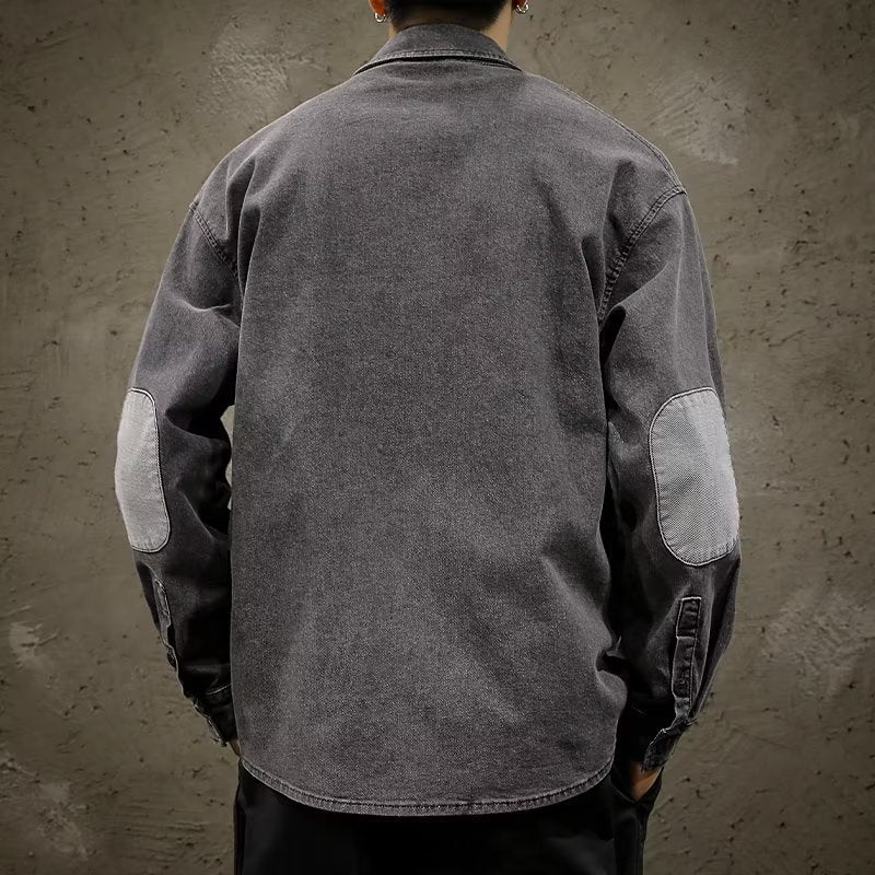 Herren Relaxed-Jeanshemdjacke im Vintage-Wash mit Ellbogen-Patches und aufgesetzter Brusttasche Chichicherry