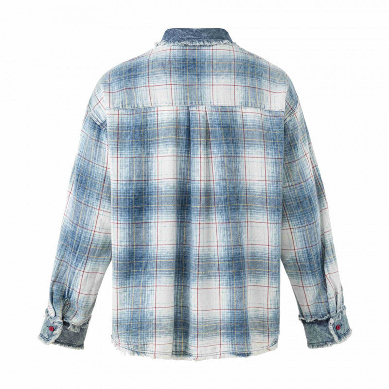 Unisex Checked Overshirt in Used Look with Fringes, Denim Collar and Patch Chest Pocket Chichicherry