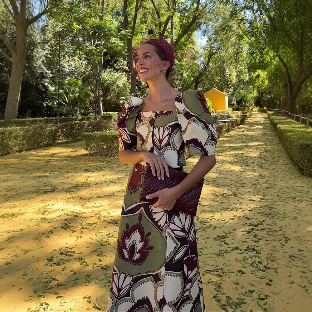 Women's Maxi Dress Set with Puff Sleeves, Tailored Midriff and Floral-Geometric Print Chichicherry