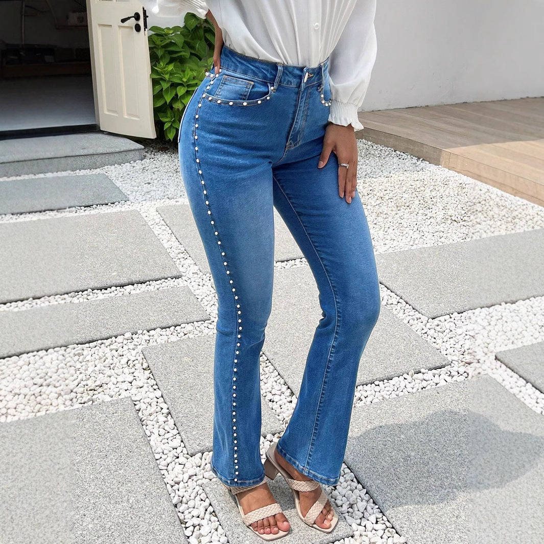 Ladies high-waisted slim jeans with pearl details on pockets and side seams Chichicherry