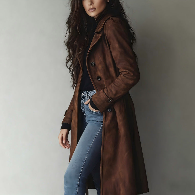 Women's Tailored Long Coat with A-Line Silhouette and Classic Button Placket Chichicherry