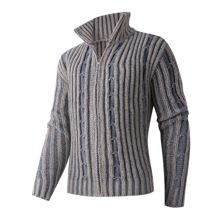 Men's knit cardigan with cable pattern, stand-up collar and full-length zipper Chichicherry