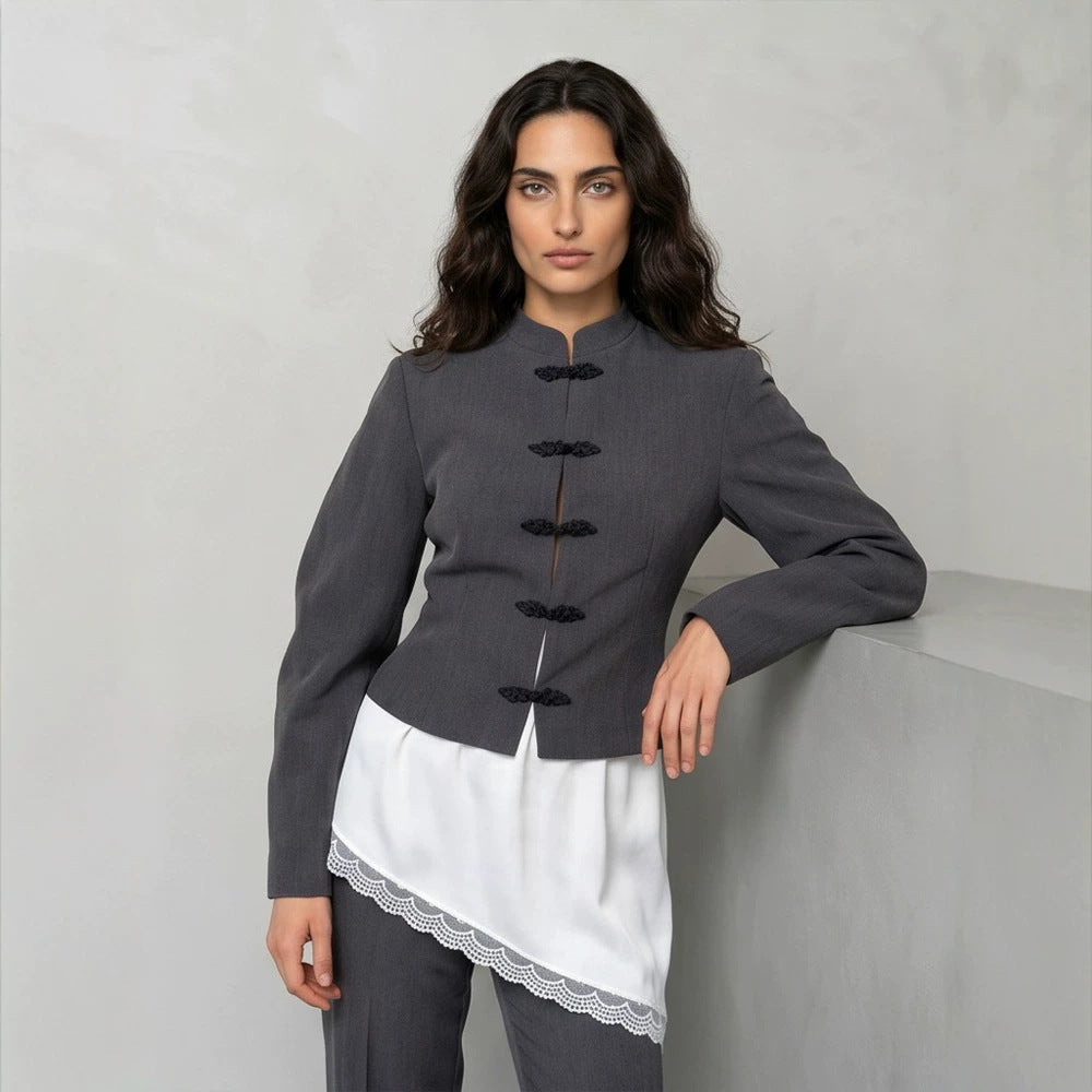 Women's Tailored Cropped Blazer with Mandarin Collar and Decorative Knot Closure Chichicherry