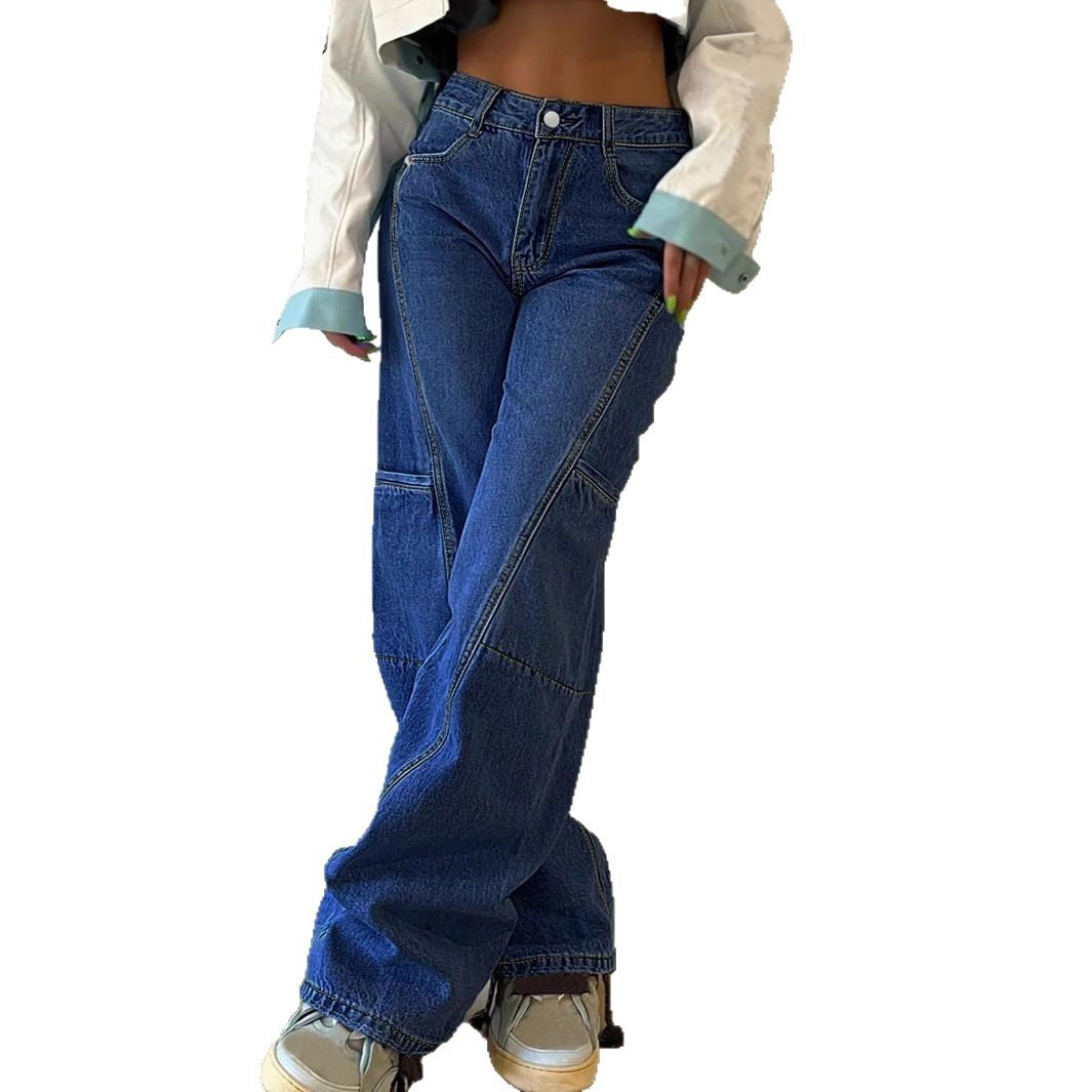 Women High-waisted wide jeans pants with prominent seam panels and utility knee inserts Chichicherry