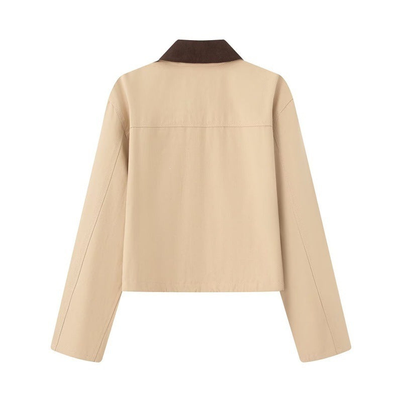 Women's Cropped Workwear Jacket with Cord Collar, Press Buttons and Drawstring Chichicherry