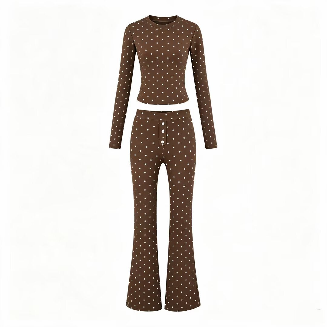 Women Two-Piece Stretch Jersey Lounge Set with Cropped Long Sleeve and High-Waist Flared Pants Chichicherry