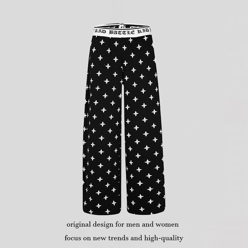 Women's extra-wide comfort lounge pants in palazzo cut with printed elastic waistband and all-over ornament print Chichicherry