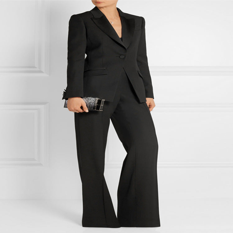 Women's Tailored Single-Button Blazer with Satin Trim and Contoured Seam Design Chichicherry