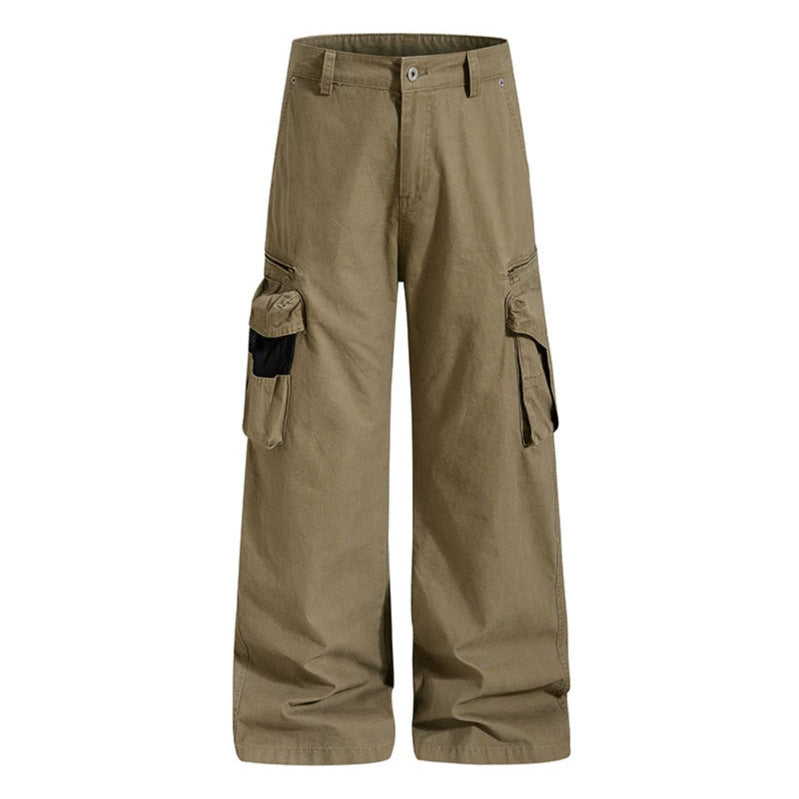 Women's Loose High-Waist Canvas Cargo Pants with Multi-Pockets and Mesh Details Chichicherry