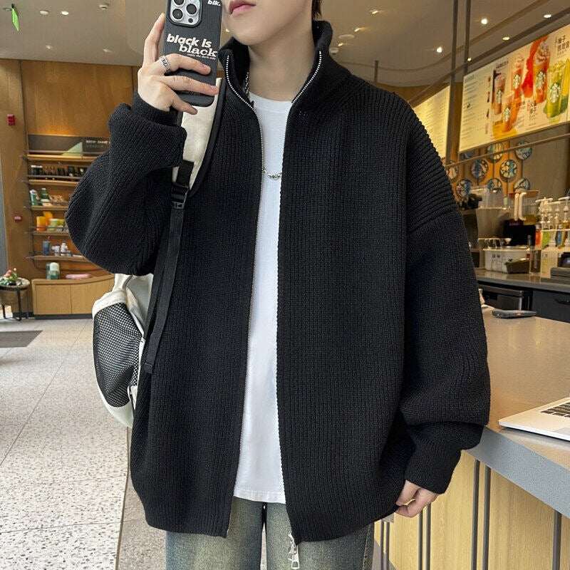 Unisex Oversized Strick-Zipjacke mit Stehkragen und Rippbündchen Chichicherry