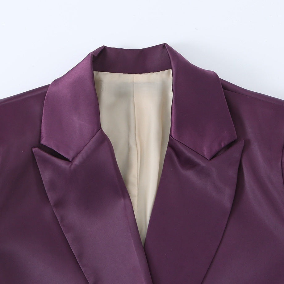 Women's Double-Breasted Satin Blazer with Notched Lapels and Flap Pockets Chichicherry
