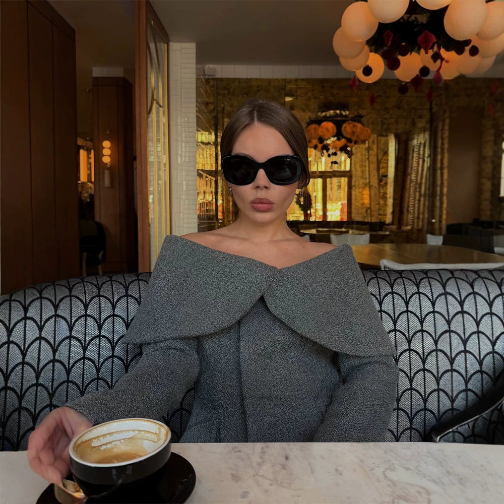 Women Elegant Boucle Set with Off-Shoulder Jacket and Fitted Pencil Skirt Chichicherry