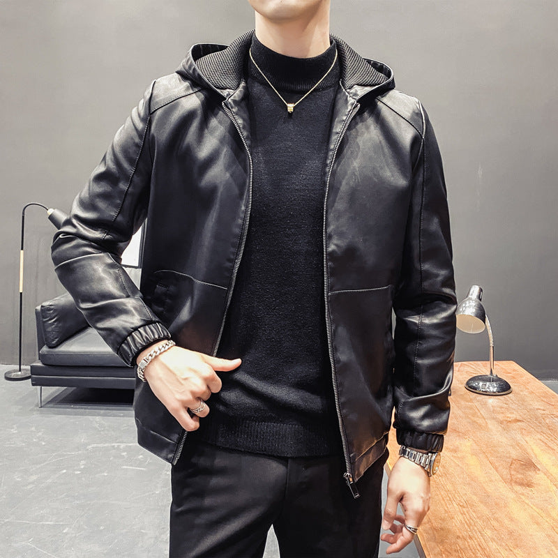 Men's Leatherette Hooded Blouson with Mesh Inner Hood, Slim Silhouette and Full Zipper Chichicherry