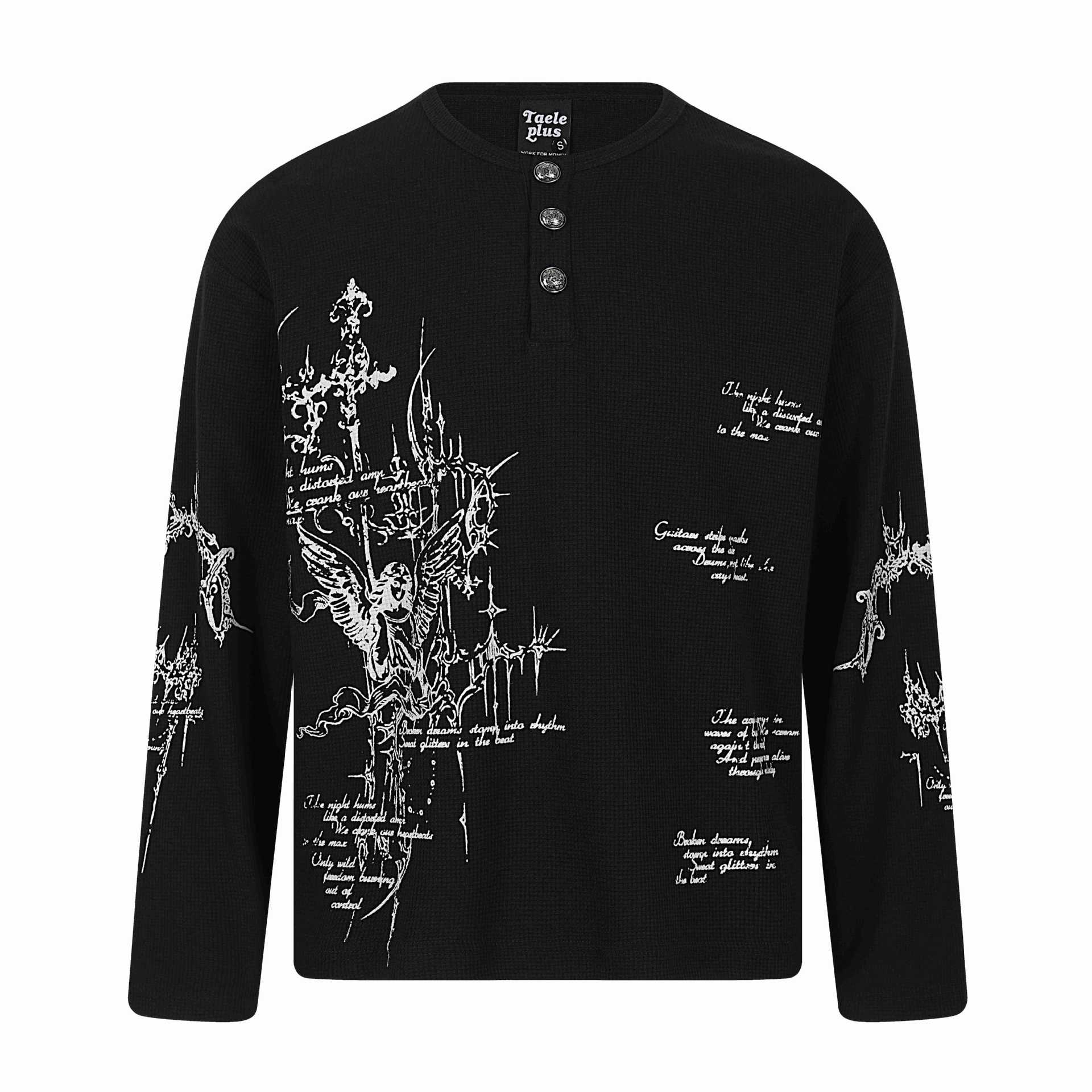 Unisex waffle knit Henley long sleeve shirt with 3-button placket and allover print Chichicherry