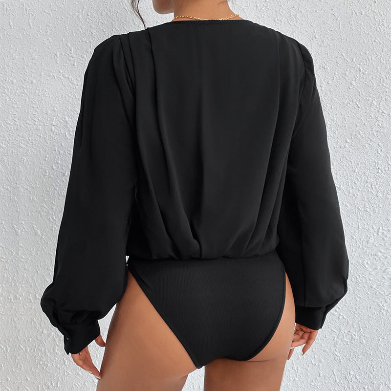 Women's Lightweight Wrap Blouse with V-Neck, Gathered Shoulders & Balloon Sleeves Chichicherry