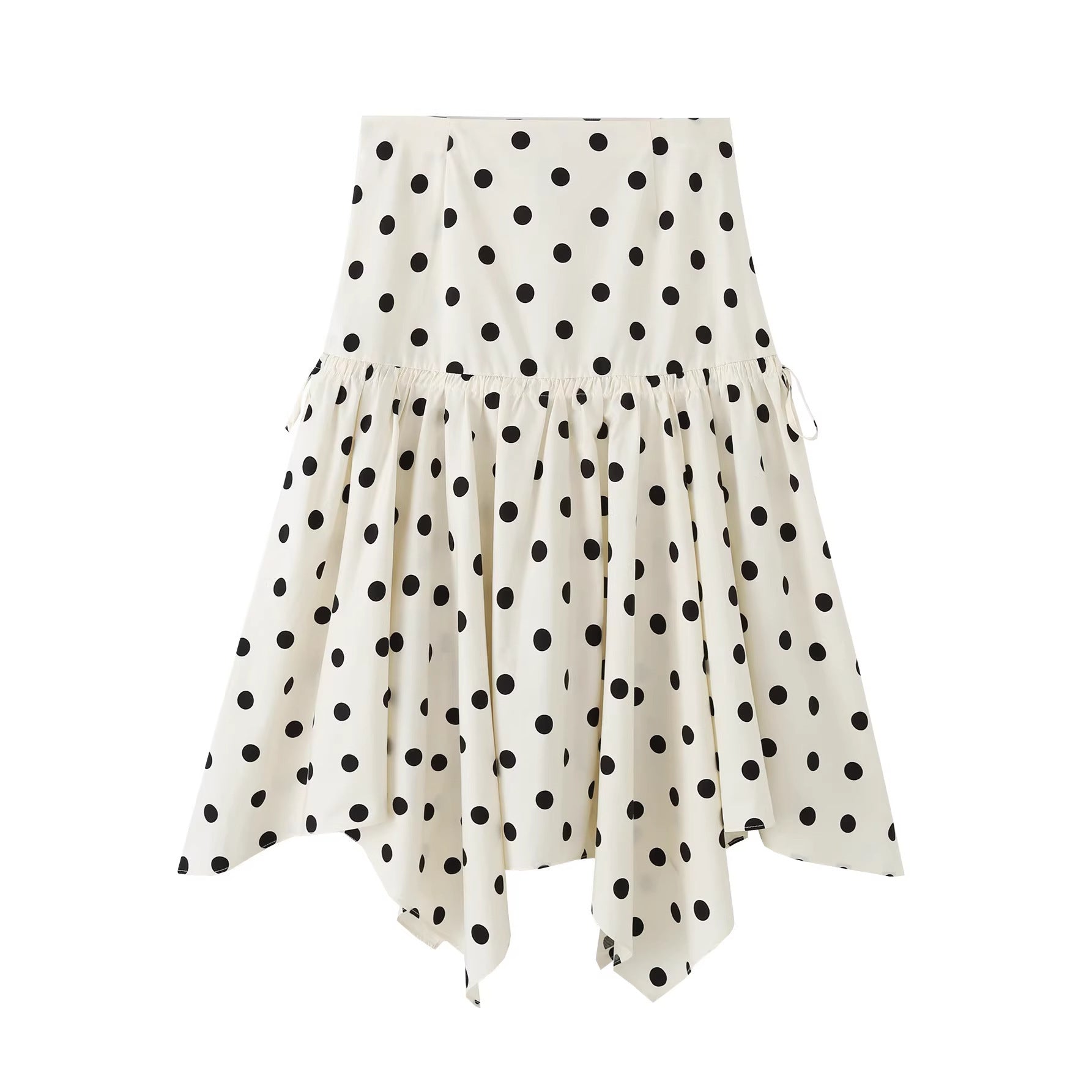 Women's midi skirt with asymmetrical jagged hem, polka dot pattern and high waistband Chichicherry