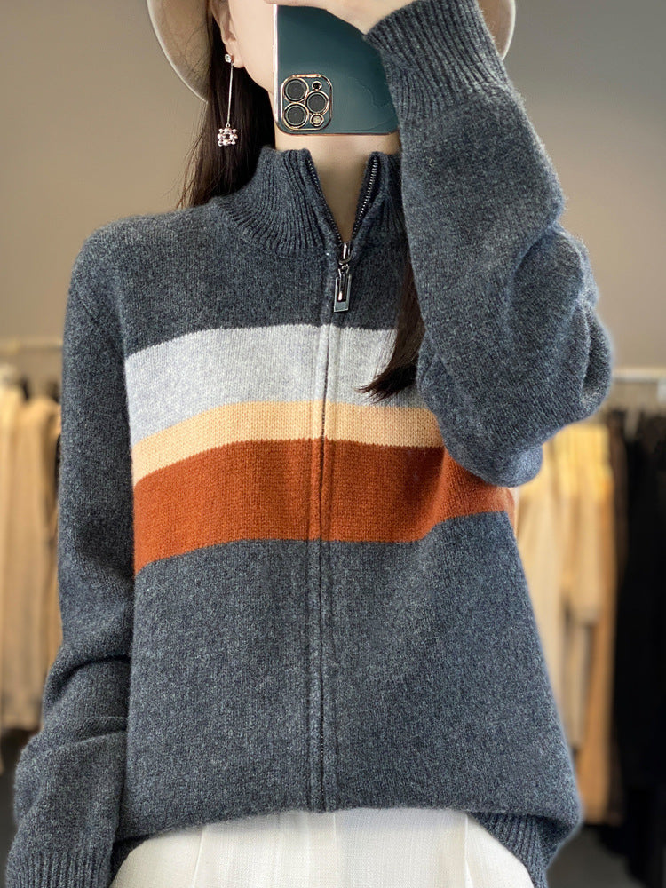 Women's Zip-Up Knit Cardigan made of soft wool blend with block stripes and ribbed hem Chichicherry
