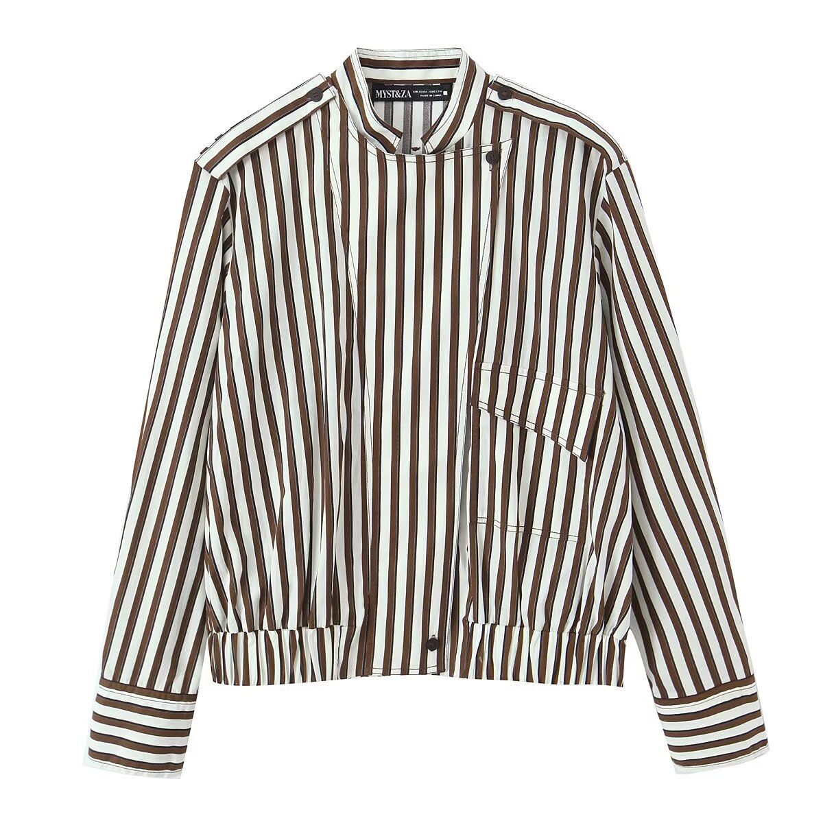 Women's Striped Blouson Shirt Blouse with Stand Collar, Shoulder Epaulettes, and Elastic Hem Chichicherry