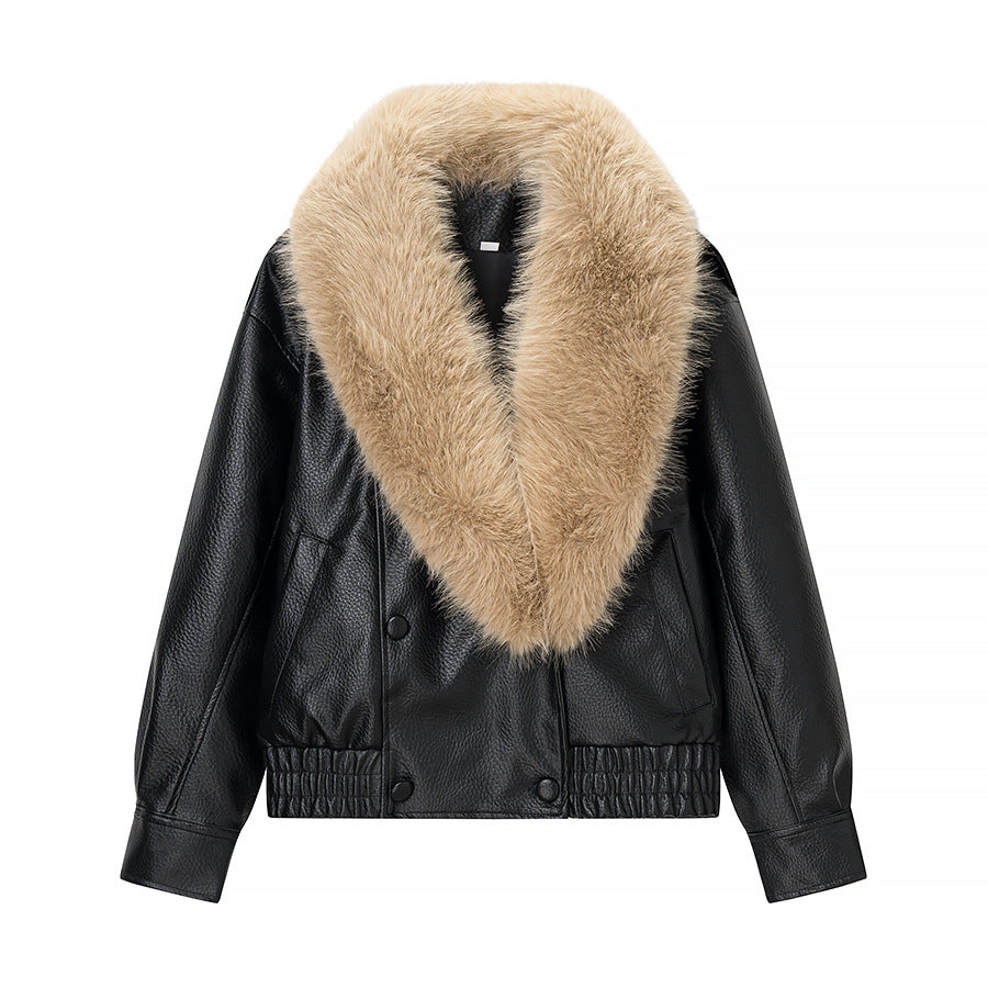 Women's short aviator-style jacket in leather look with extra-large faux fur collar and metallic zipper Chichicherry