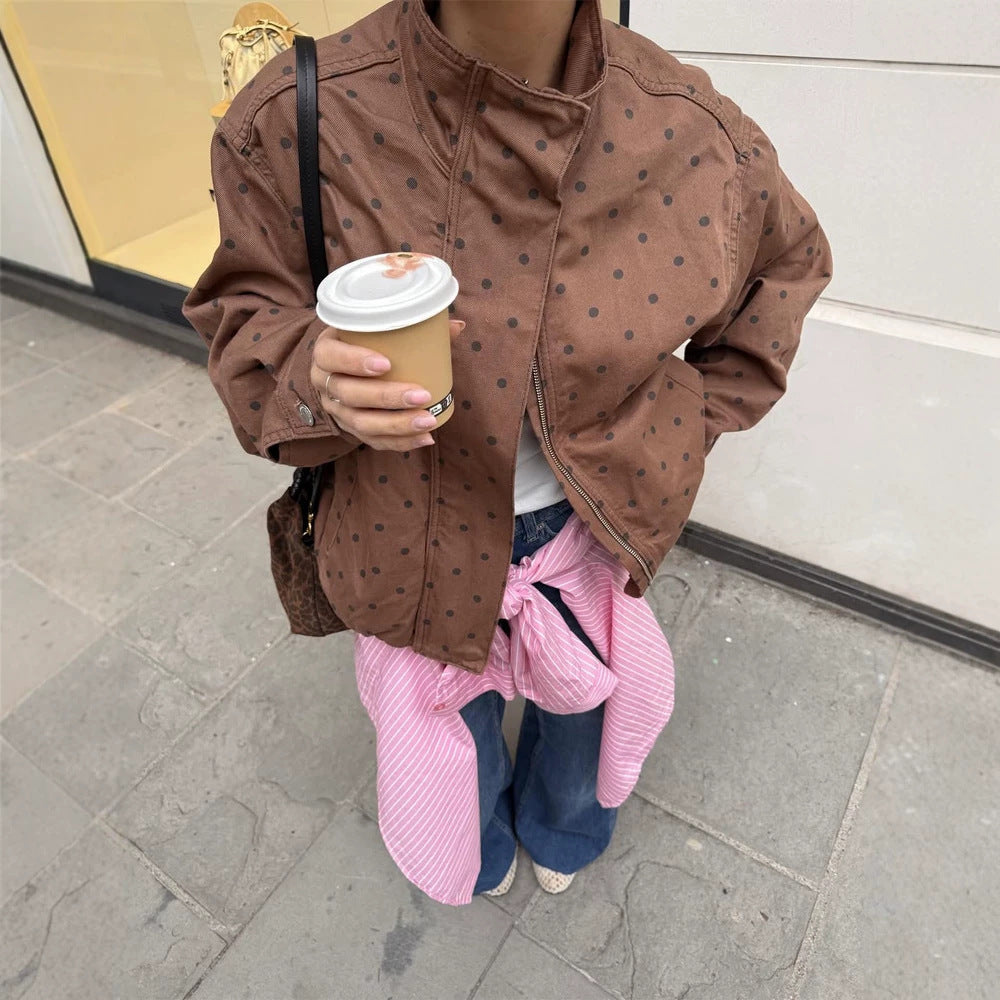 Women Two-Piece Polka Dot Loungewear Set made of Cotton Blend with Boxy Jacket and High-Waisted Wide Leg Pants Chichicherry