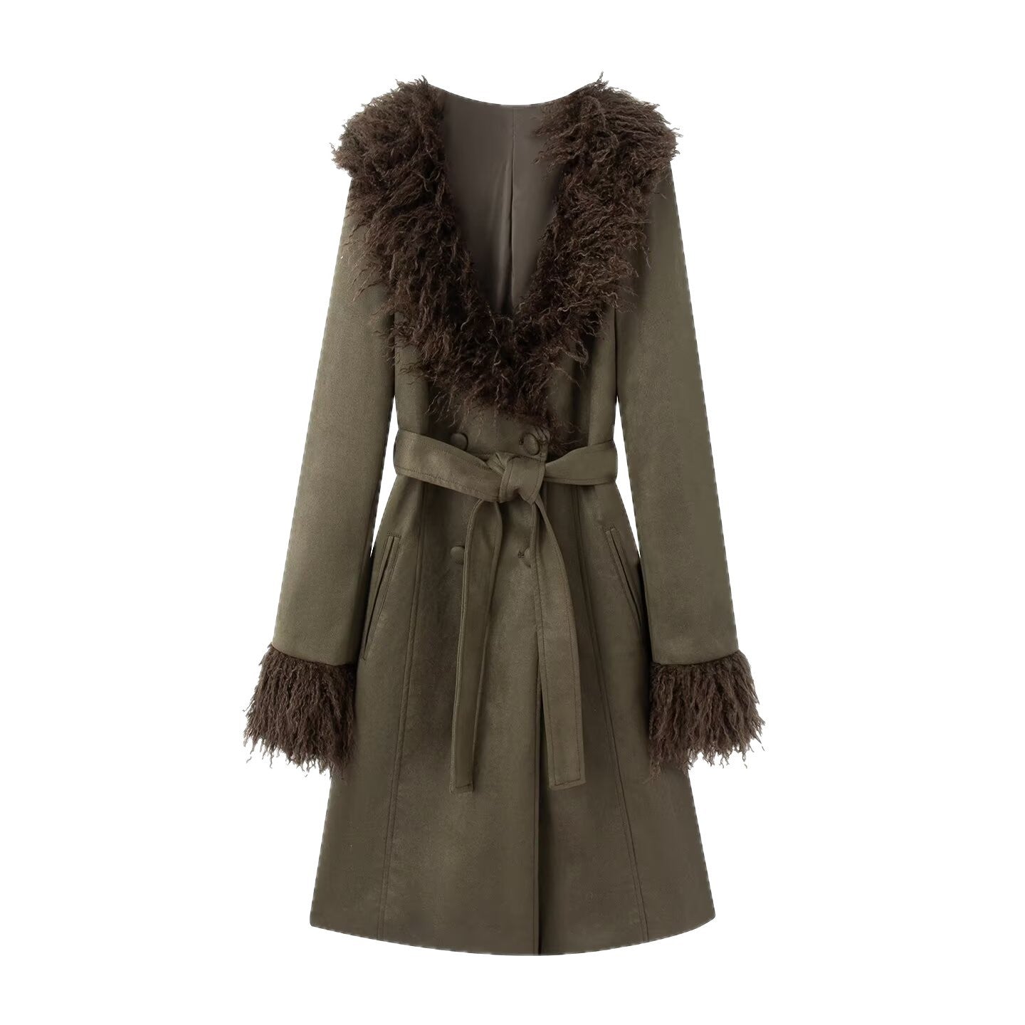 Women Long Coat in Lambskin Look with Tied Belt and Fur Collar Chichicherry