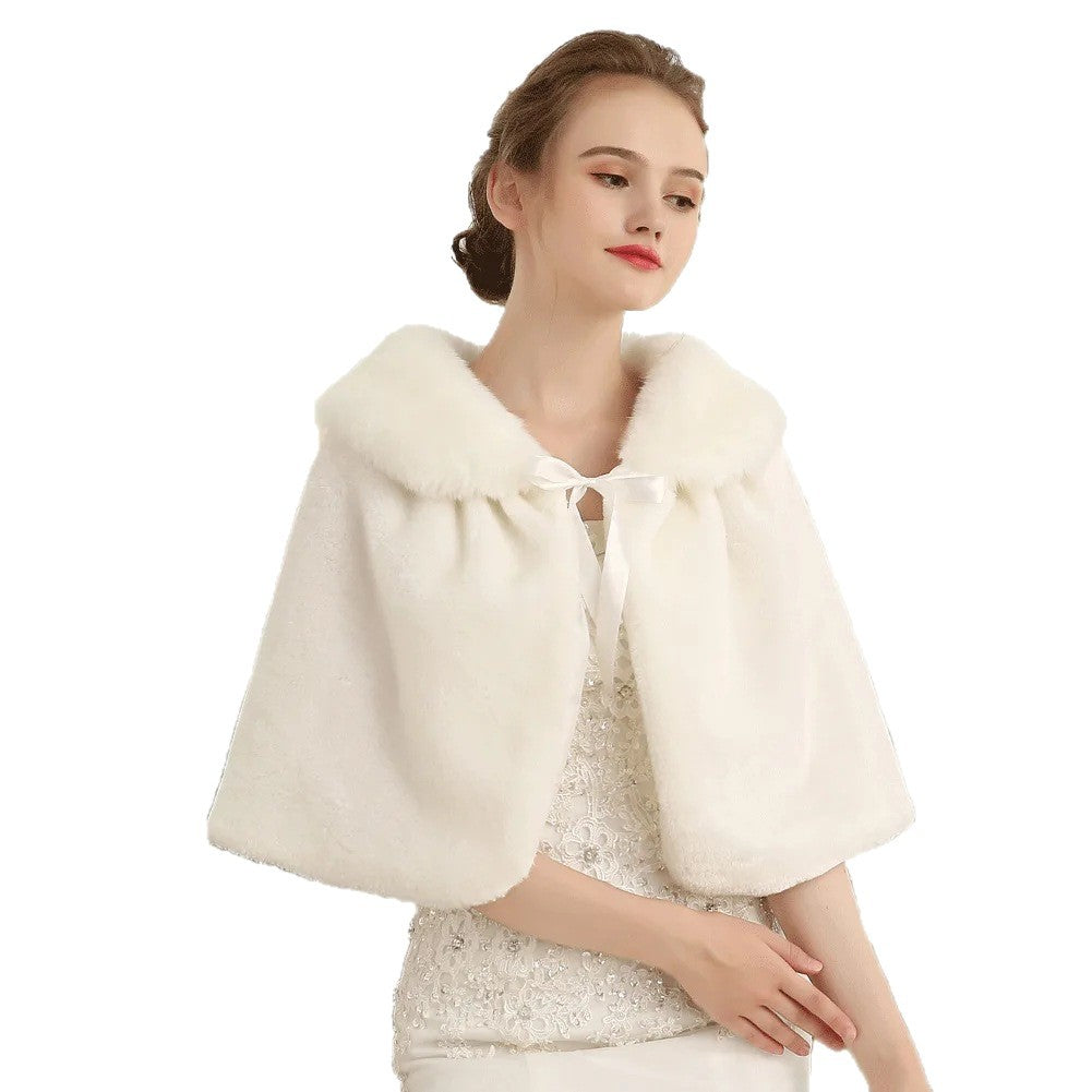 Women's Elegant Faux Fur Capelet with Bow Closure and Wide Overlapping Collar Chichicherry