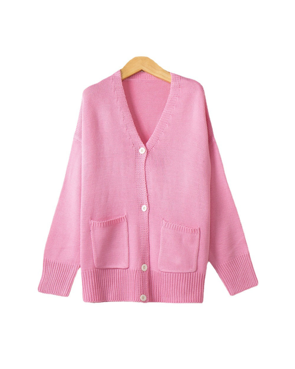 Women Fine Oversize Knit Cardigan with V-Neck, Button Placket and Patch Pockets Chichicherry