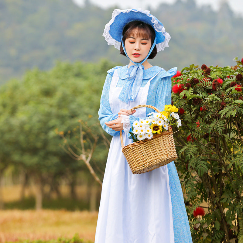 Women's Vintage Farmer Dress with Romantic Ruffles and Matching Hat Chichicherry