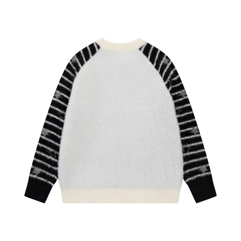 Women Soft Fluffy Knit Sweater with Integrated Tube Scarf and Manga Illustration Chichicherry