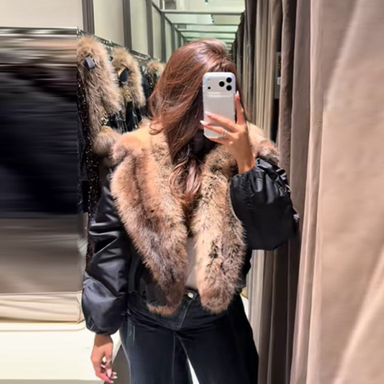 Women's Oversize Bomber Jacket with Voluminous Fur Collar and Satin Sleeves Chichicherry