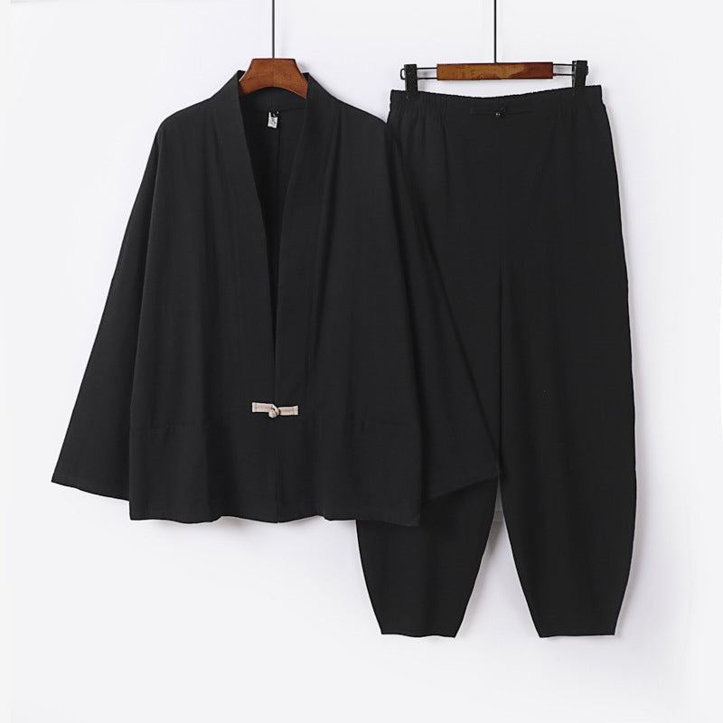 Men's Zen Relax Set with open kimono jacket, decorative toggle closure and tapered harem jogger pants Chichicherry