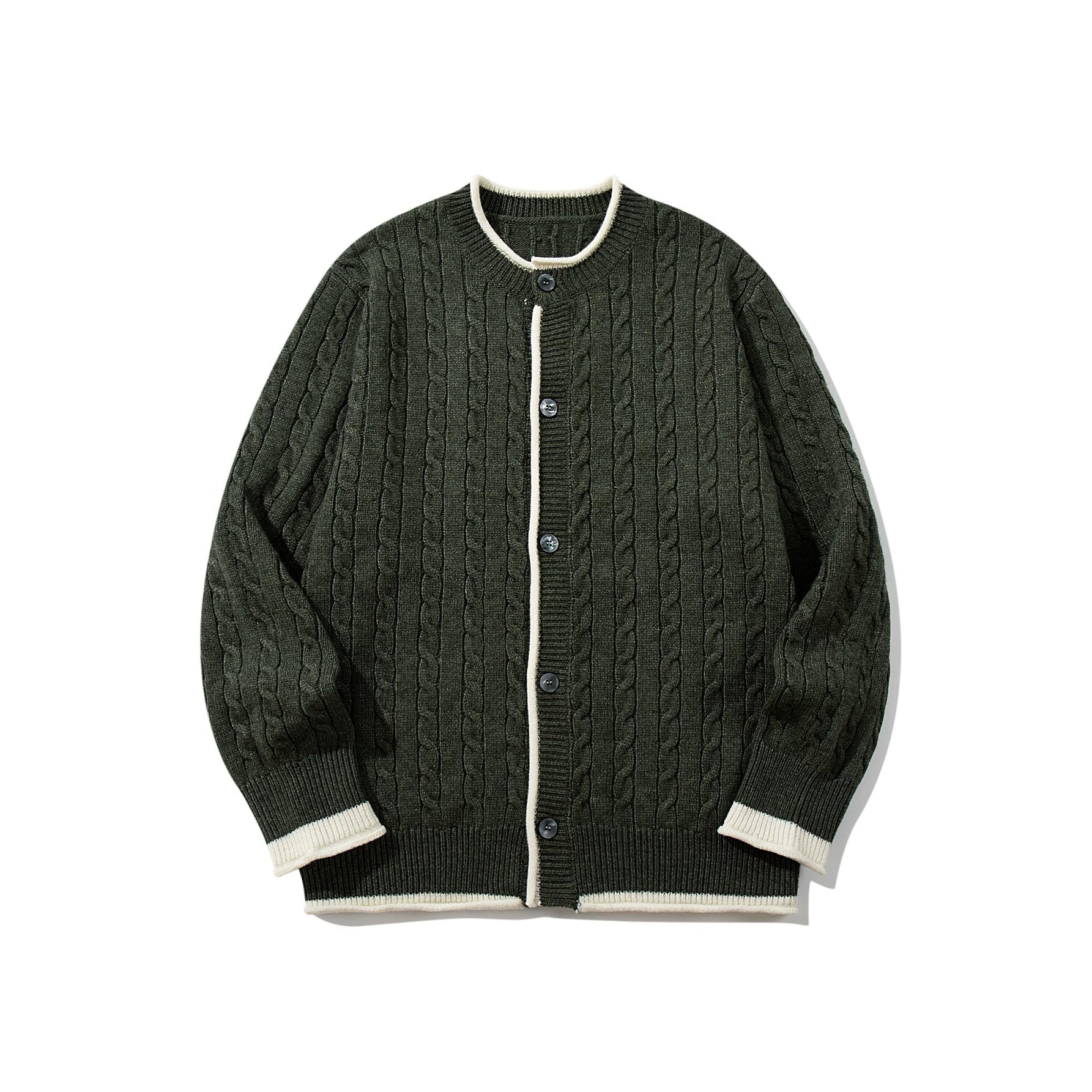 Unisex Cable Knit Cardigan with Round Neck, Contrasting Cuffs and Continuous Button Placket Chichicherry