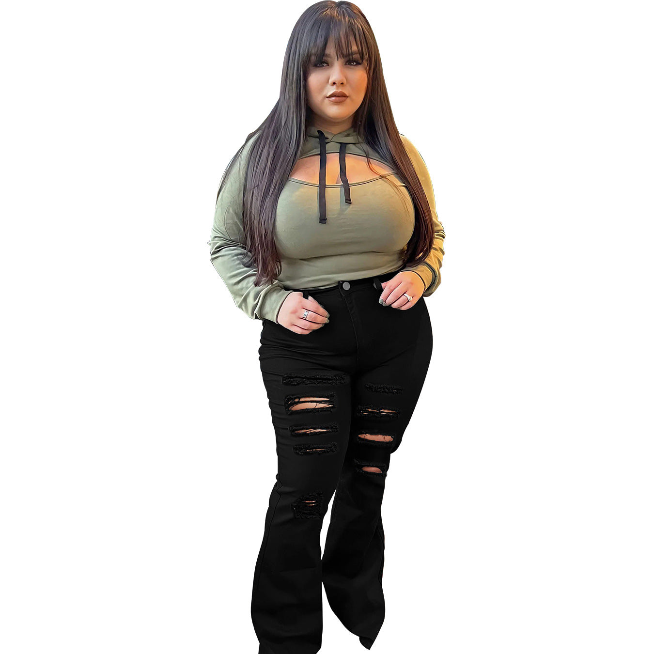 Women's High-Waist Flared Pants in Stretch Denim with Multiple Destroyed Effect Chichicherry