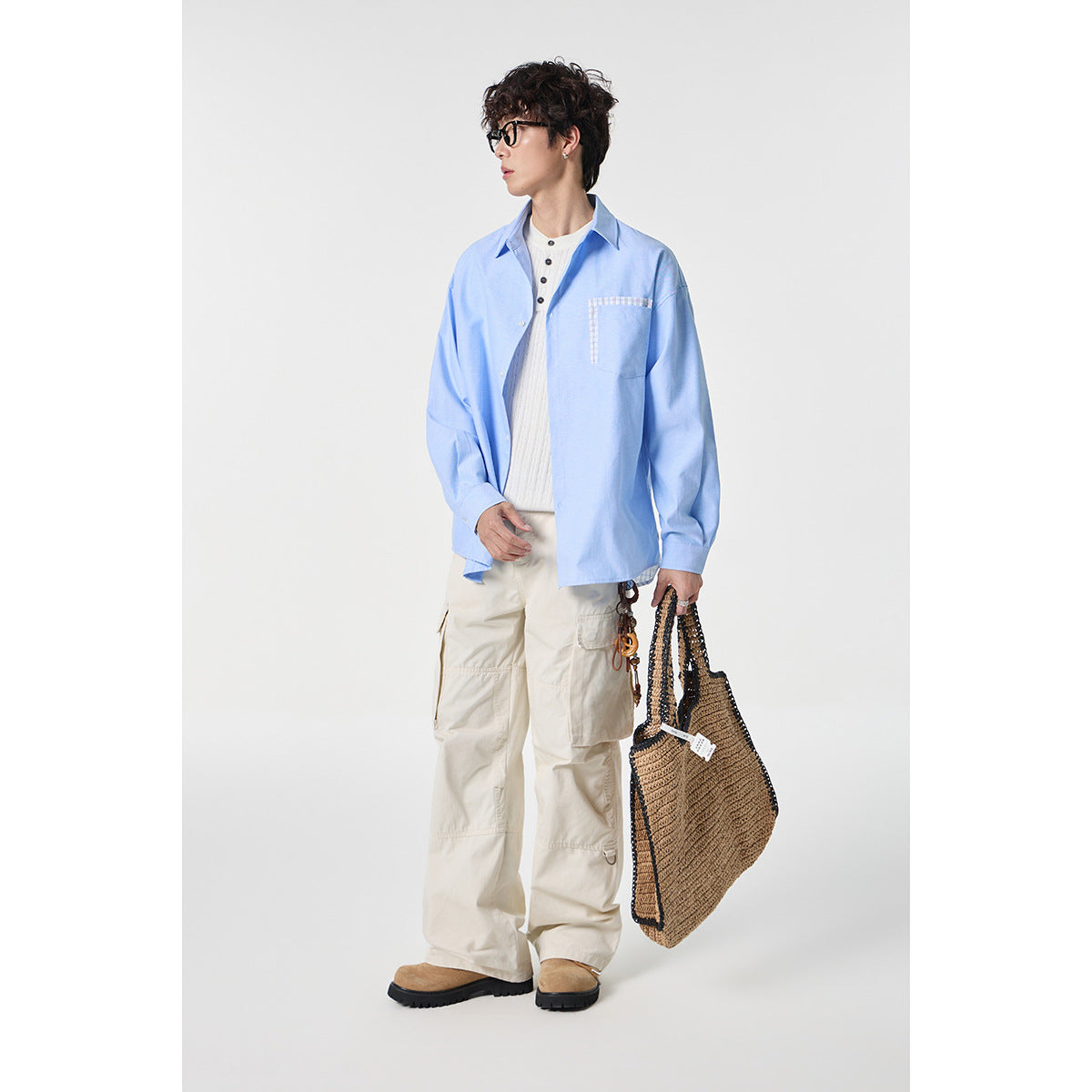 Women's Oversized Cotton Shirt with Check Trim at Chest Pocket and Hem