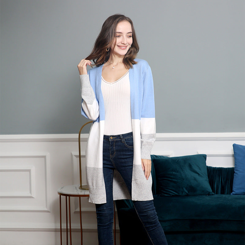 Women's long cardigan with color block design, open front and ribbed cuffs Chichicherry