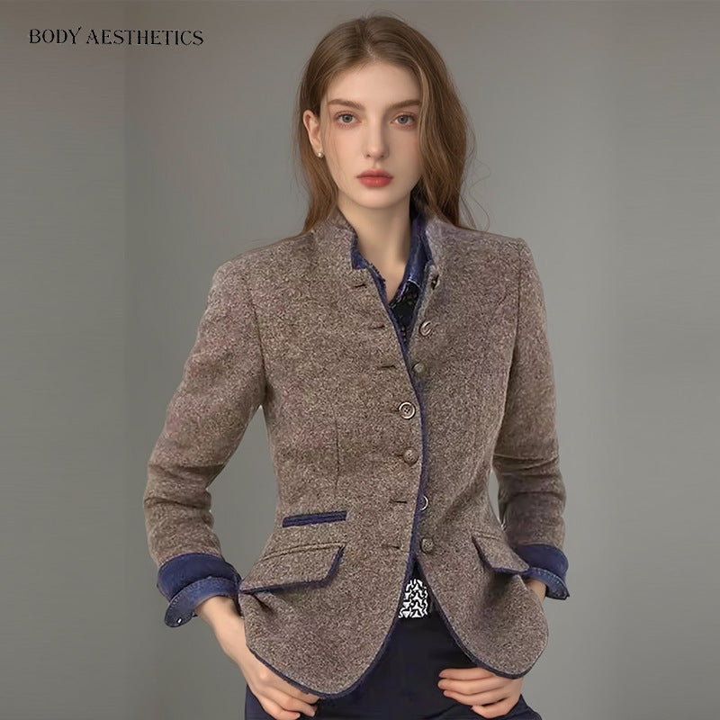 Women's Short Blazer with Stand Collar and Velvet Trim Chichicherry