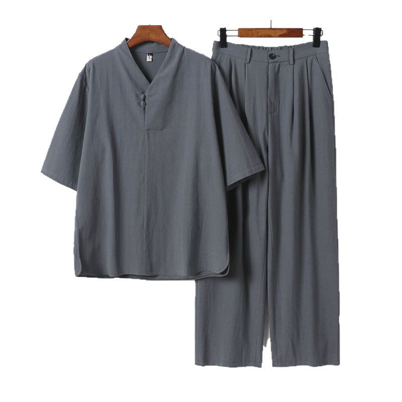 Men's Two-Piece Lightweight Kimono Loungewear Set with Stand Collar Tie Closure Short Sleeve and Wide Leg Pants Chichicherry
