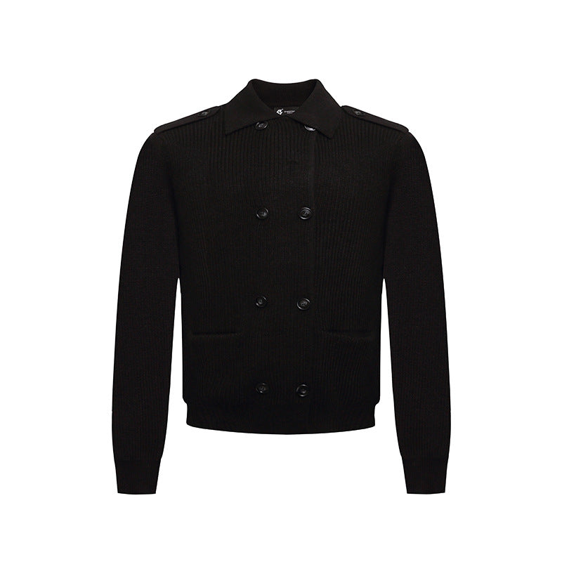 Men's knit double-breasted cardigan with collar, shoulder tabs, and welt pockets Chichicherry