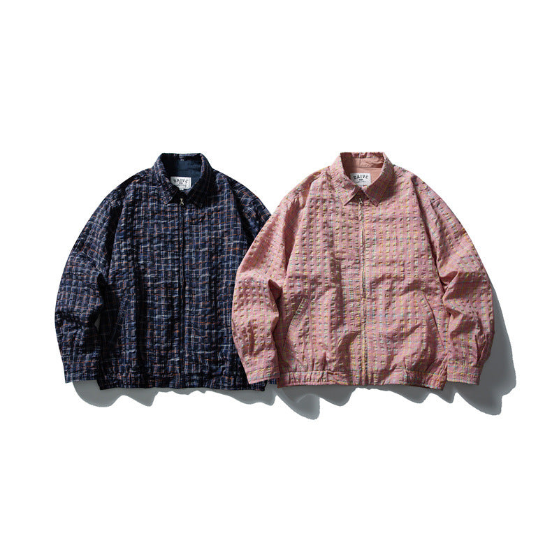 Men's checked Harrington jacket with zipper, shirt collar and elastic hem Chichicherry