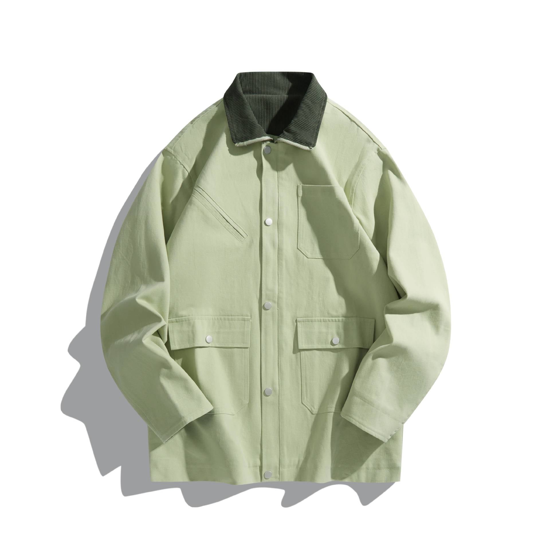 Unisex Short-Cut Boxy Canvas Jacket with Cord Collar, Snap Button Front and Utility Patch Pockets Chichicherry