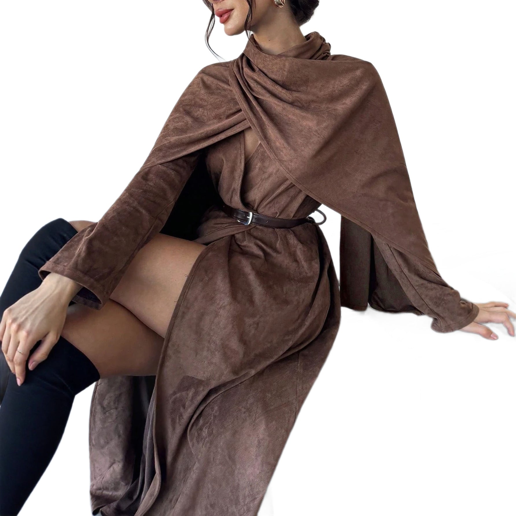 Damen Mantel mit Cape-Overlay und Wickelkragen aus Velourslederoptik Chichicherry