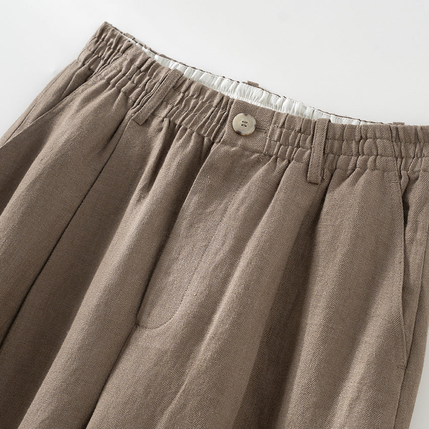 Women's Wide Linen Look Trousers with High Elastic Waistband, Pleats and Straight Leg Chichicherry