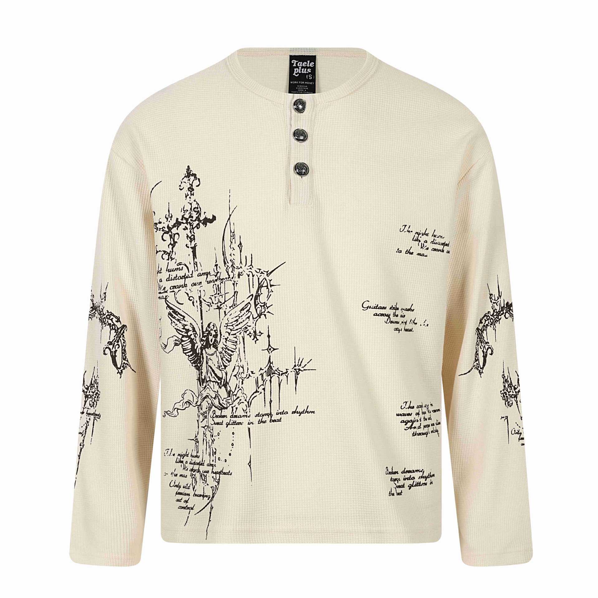 Unisex waffle knit Henley long sleeve shirt with 3-button placket and allover print Chichicherry