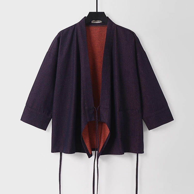 Women Lightweight Two-Tone Kimono Jacket with Ties and Contrasting Inner Lining Chichicherry