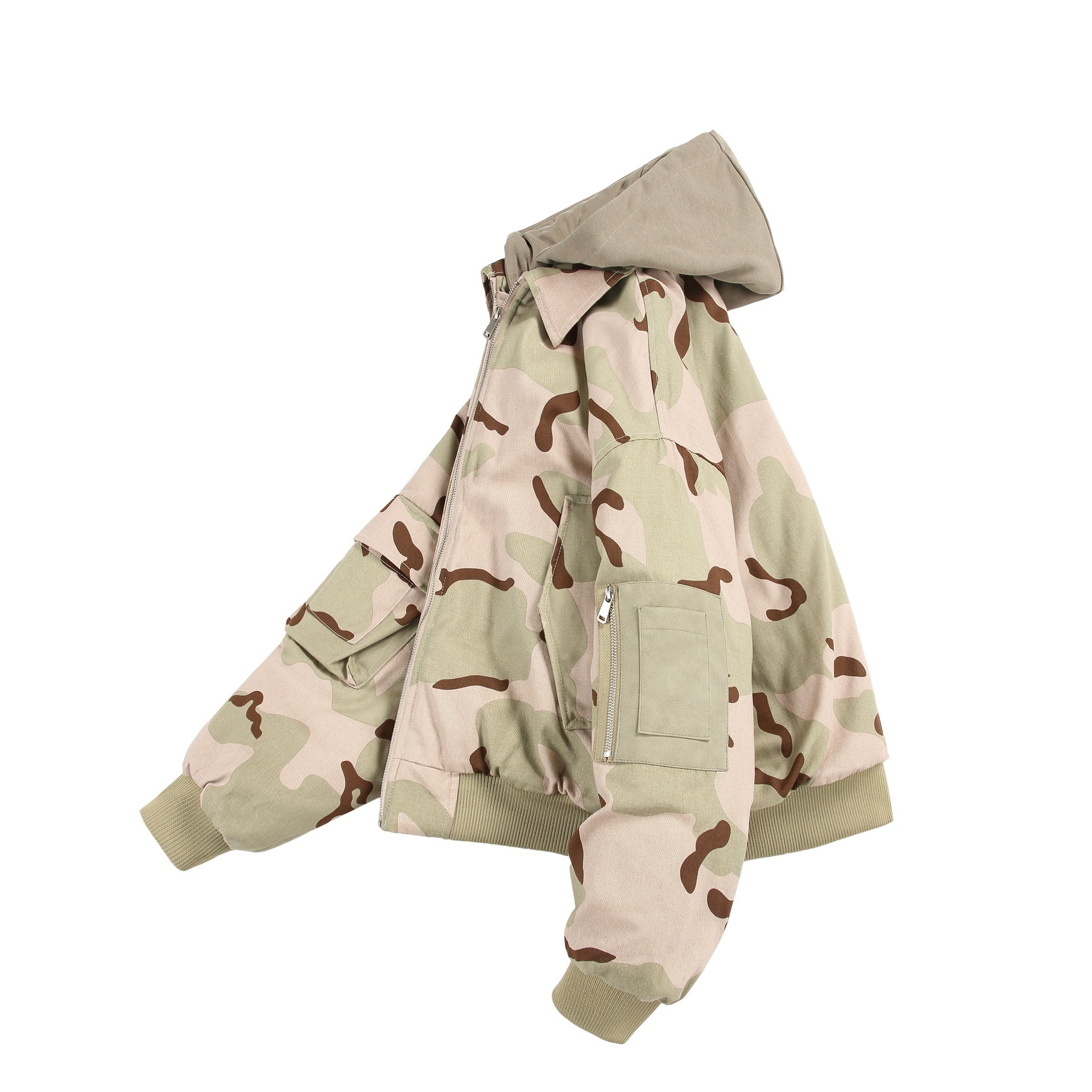 Unisex Oversize Cargo Bomber Jacket with Hood and Patches Utility Pockets Chichicherry