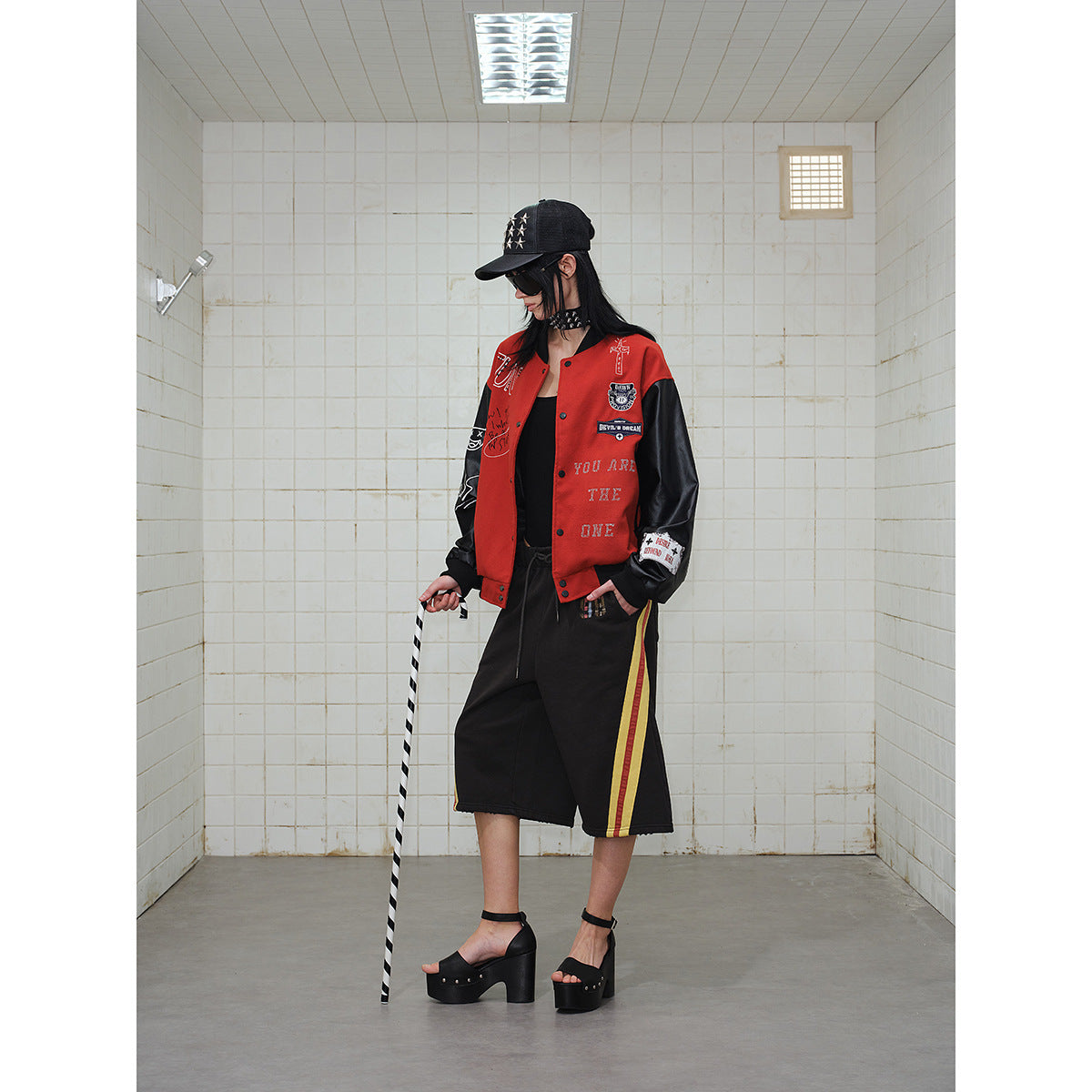 Unisex Varsity Bomber Jacket in College Look with Wool Blend Body and Faux Leather Sleeves Chichicherry