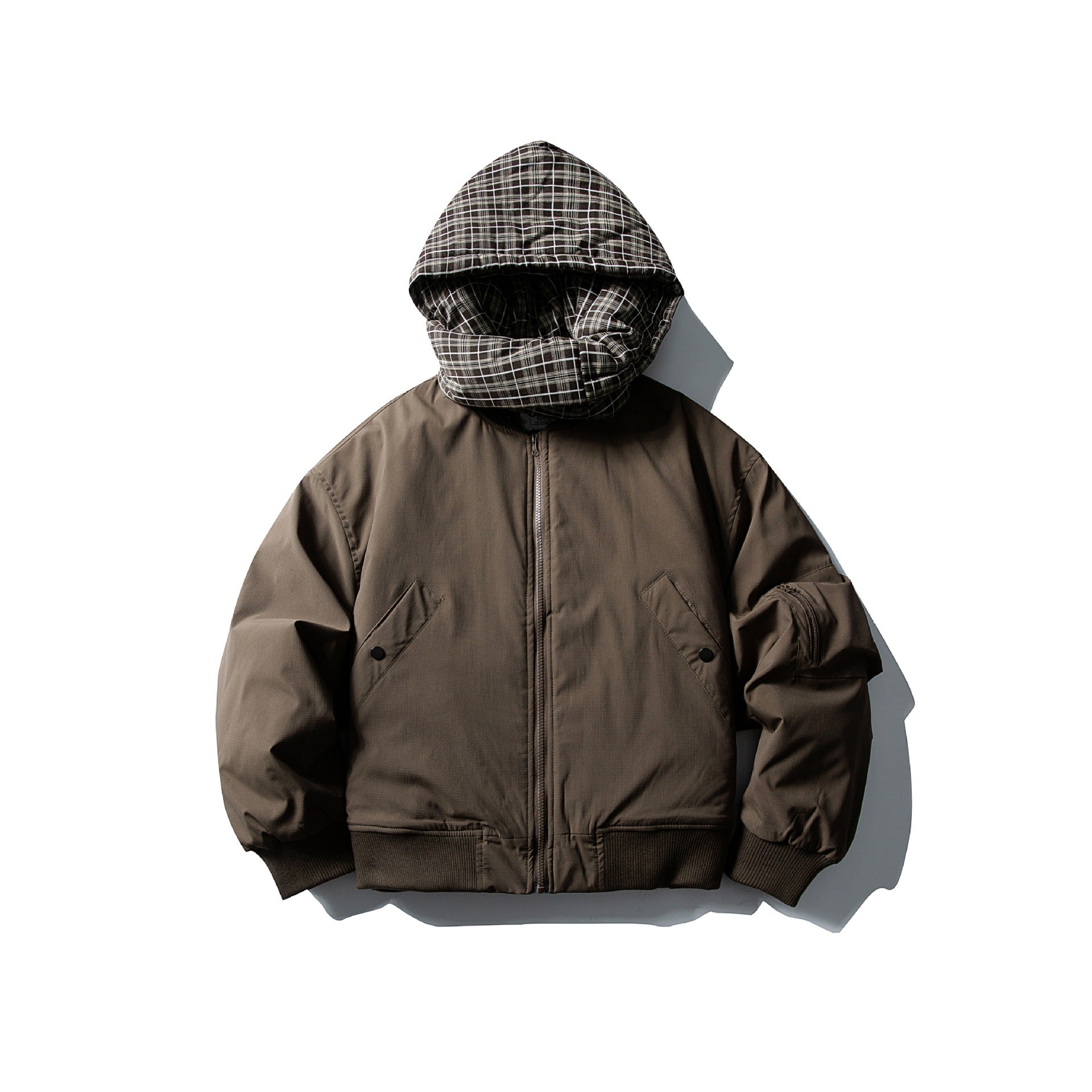 Men's Windproof Bomber Jacket with Quilted Checkered Hood and Integrated Scarf Chichicherry