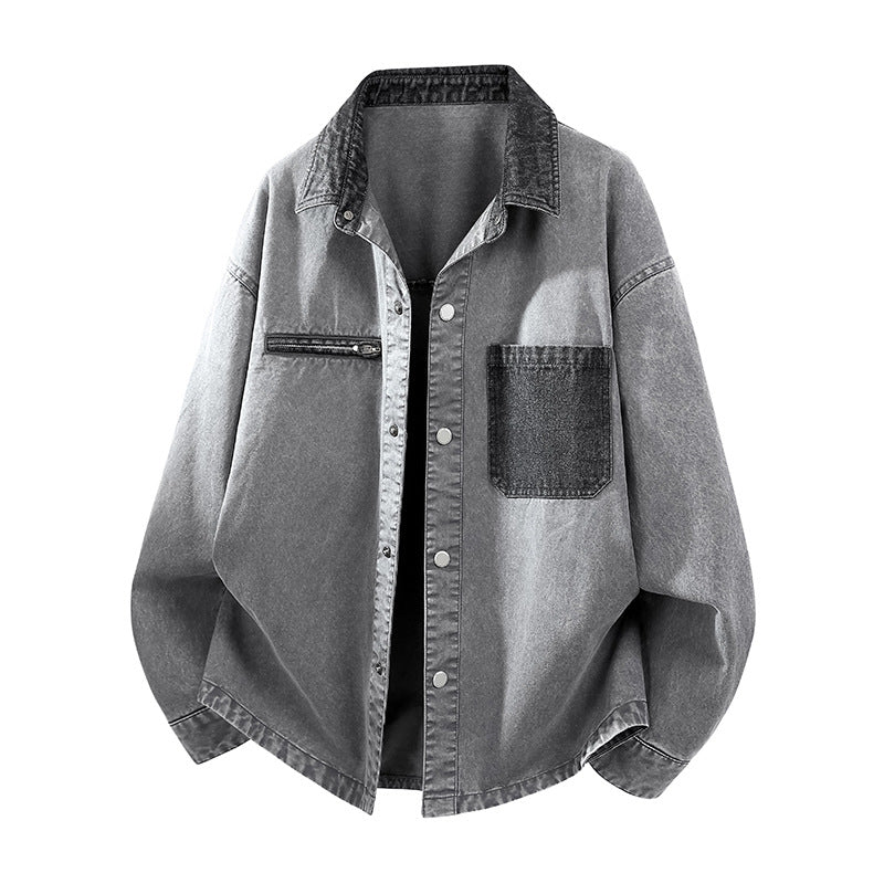 Men's Oversize Denim Shirt Jacket with Contrast Pocket and Snap Button Placket Chichicherry